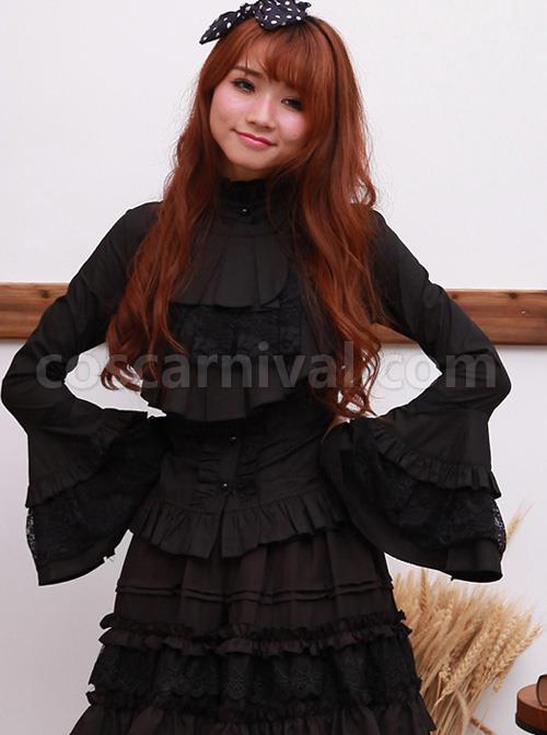 White Trumpet Sleeves Flounced Collar Slim Black Lace Gothic Lolita Shirt