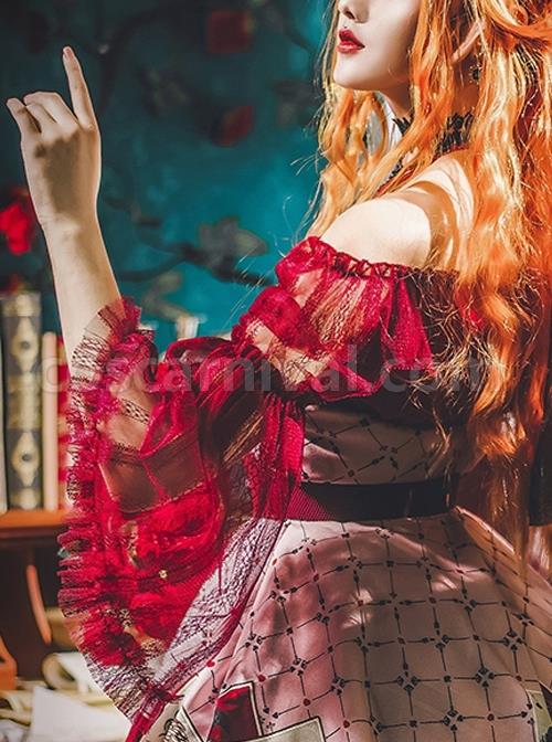 Wine Red Big Collar Off The Shoulder Polyester Lace Big Cuff Design Classic Lolita Long Sleeve Shirt coscarnival