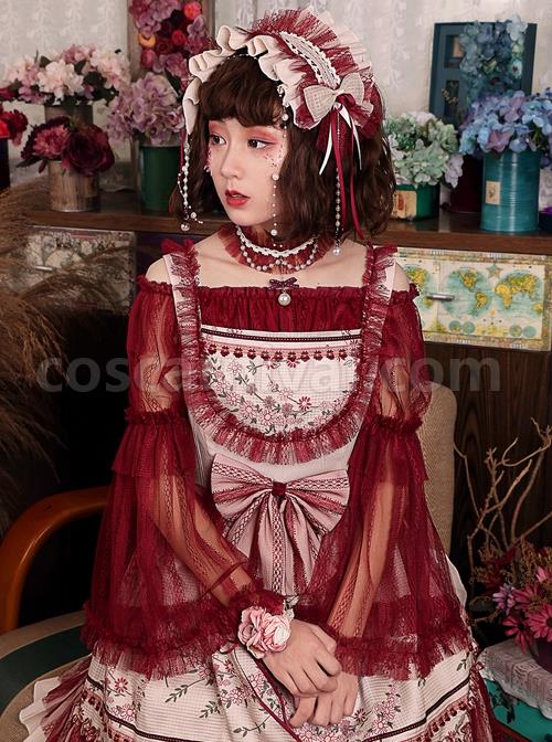 Wine Red Big Collar Off The Shoulder Polyester Lace Big Cuff Design Classic Lolita Long Sleeve Shirt