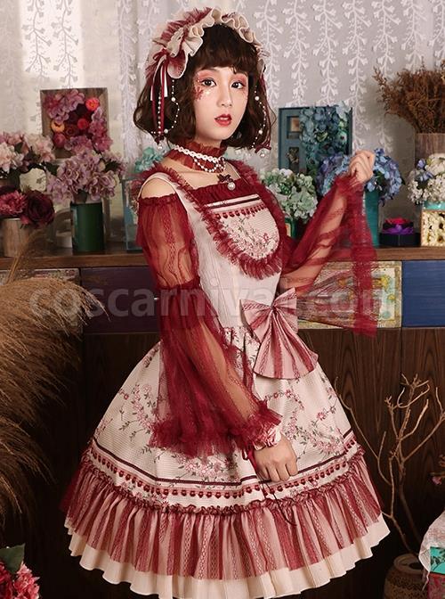 Wine Red Big Collar Off The Shoulder Polyester Lace Big Cuff Design Classic Lolita Long Sleeve Shirt