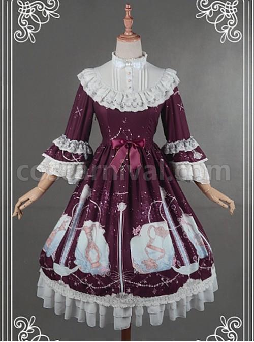 Wine-Red-Lovely-Stand-up-Collar-Detachable-Cuff-Aquarius-Printed-Dress-coscarnival-4075