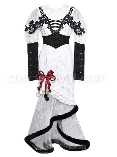 Winter Carol Series Jacquard Fabric Snowflake Printing Black Plush Decoration Transparent Fishtail Skirt Hem Gothic Lolita Long-Sleeved Dress coscarnival