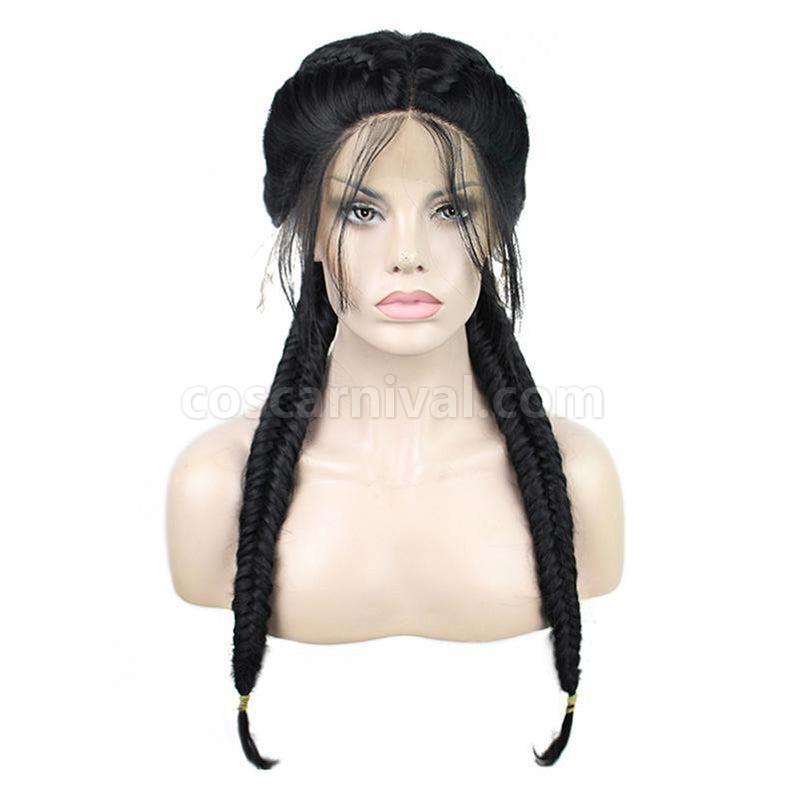 Women Lace Front Wigs Long Black Fishtail Braids Cosplay Wigs coscarnival011119405