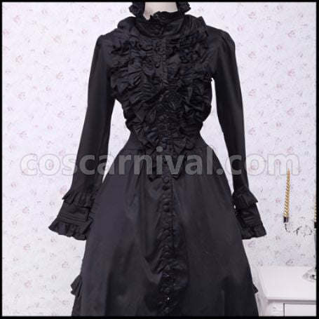 Lolita Ladies Classic Black Long Sleeve Lace-up Ribbon Frill Dress Gothic Lolita coscarnival - Front View
