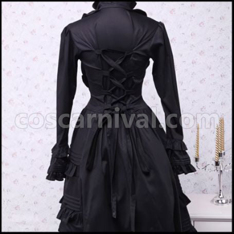 Lolita Ladies Classic Black Long Sleeve Lace-up Ribbon Frill Dress Gothic Lolita coscarnival - Cuff Style