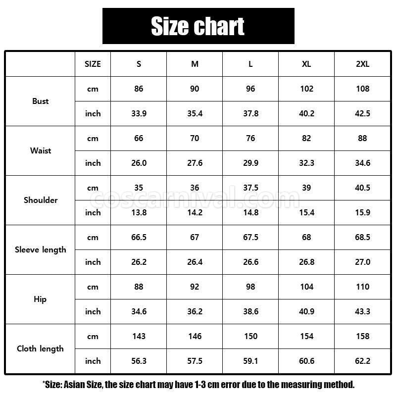 Eva cosplay costume from Sword Art Online, size chart