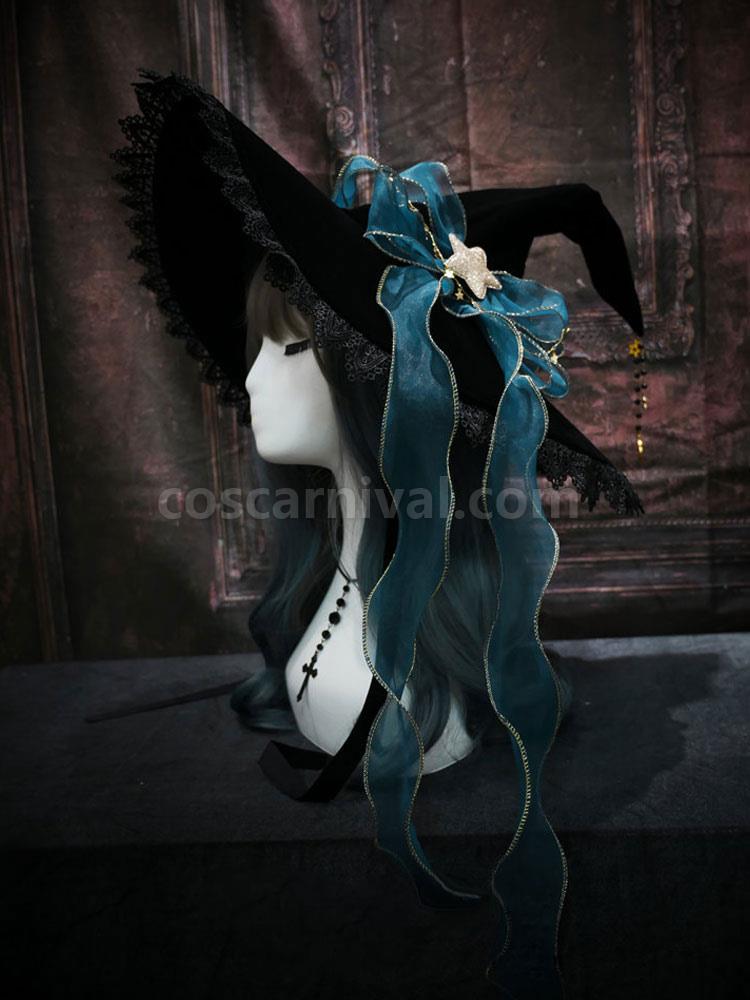 로리타 모자 리본 악세서리 활? 별 프린트 폴리에스테르 블랙 로리타 악세서리 마녀 모자 coscarnival