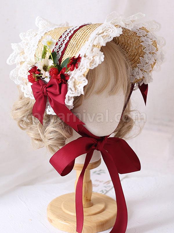 Sweet Lolita Bonnet Lace Bow Flowers Lolita Hat coscarnival