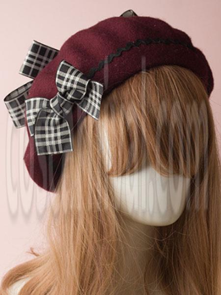 Classic Lolita Beret Plaid Bow Wool Burgundy Lolita Bowler Hat coscarnival