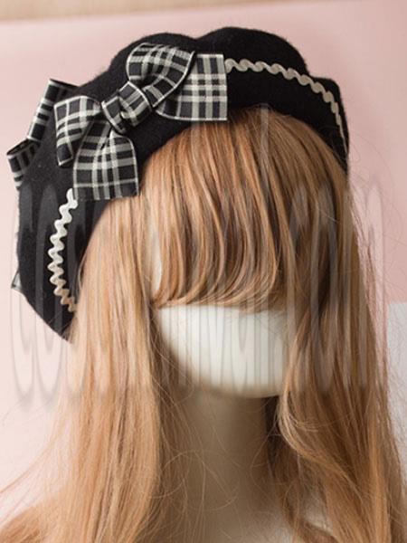Classic Lolita Beret Plaid Bow Wool Burgundy Lolita Bowler Hat coscarnival