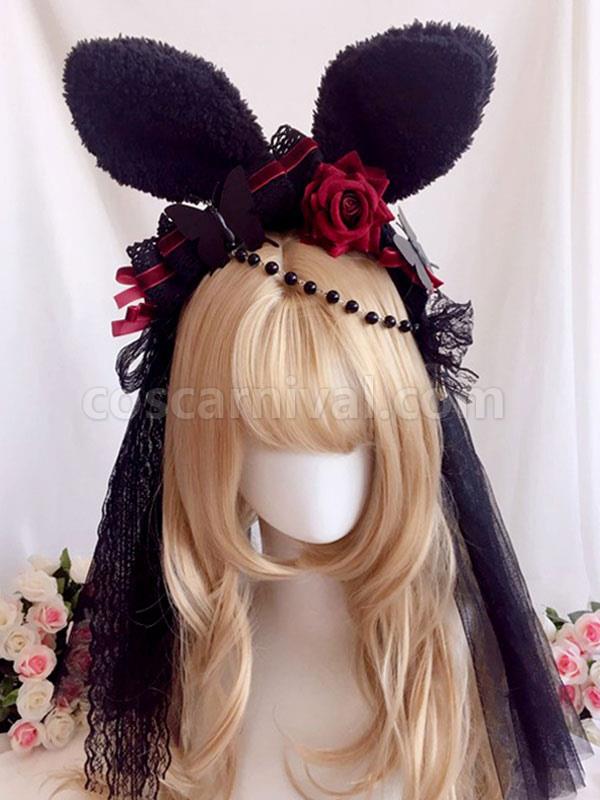 Black Lolita Headdress Polyester Fiber Chains?Lace?Bows Lace?Bow Rabbit Ears Lolita Headband