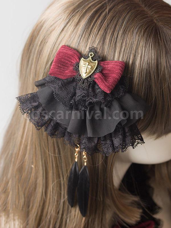 Gothic Lolita Hairpin Lace Ruffle Bow Lolita Hair Accessory coscarnival