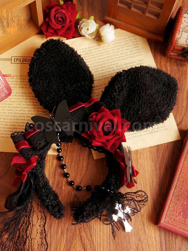 Black Lolita Headdress Polyester Fiber Chains?Lace?Bows Lace?Bow Rabbit Ears Lolita Headband