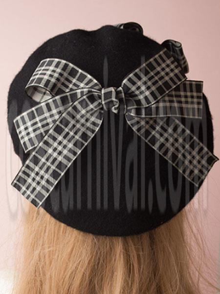 Classic Lolita Beret Plaid Bow Wool Burgundy Lolita Bowler Hat