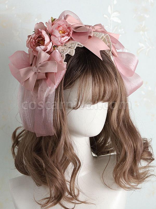 달콤한 로리타 머리 장식 핑크 폴리에스테르 섬유 활 활 머리 장식 로리타 머리띠 coscarnival