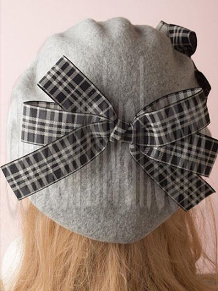 Classic Lolita Beret Plaid Bow Wool Burgundy Lolita Bowler Hat