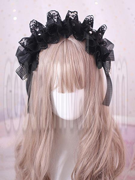 Gothic Lolita Hair Accessory Ruffle Bow Pearl Lace Black Lolita Headdress coscarnival