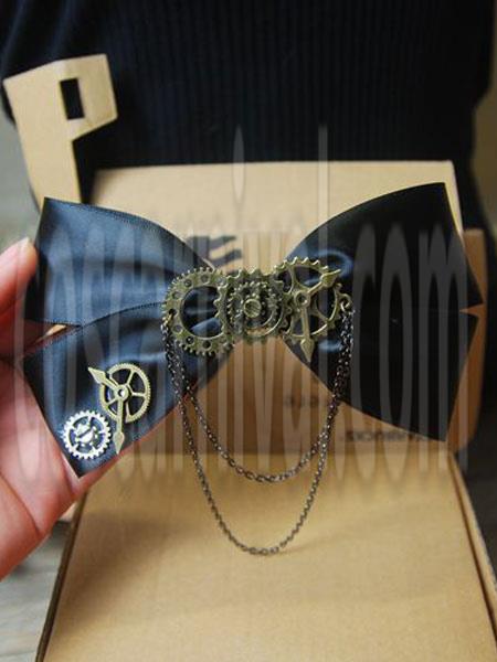 Steampunk Lolita Hair Clip Satin Bow Metallic Chain Black Lolita Hair Accessory coscarnival