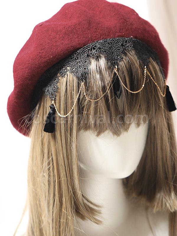 Gothic Lolita Hat Burgundy Lace?Chains Accessory Lolita Accessories coscarnival