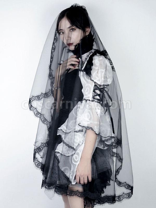 Black Bridal Veil Lace Tulle Halloween Cosplay Accessory coscarnival