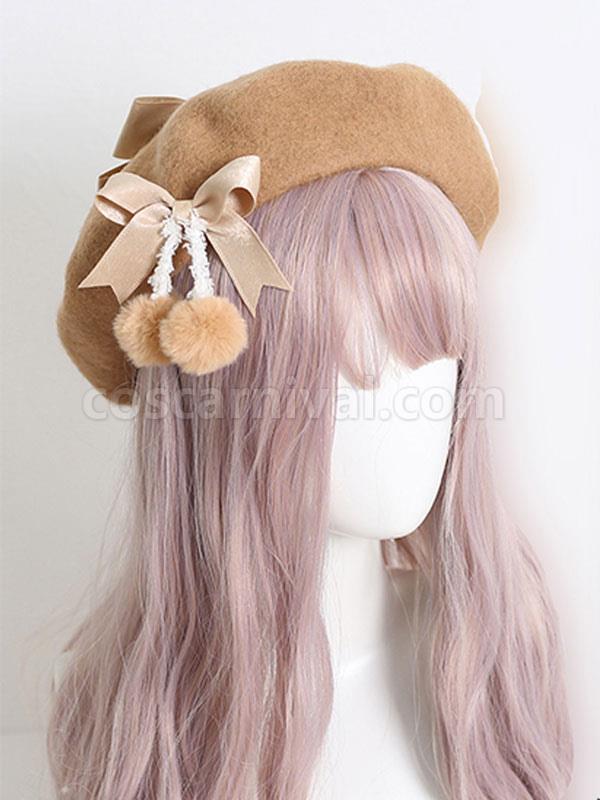 Light Apricot Lolita Hat Bows?Pom Poms Accessory Bow Polyester Lolita Accessories