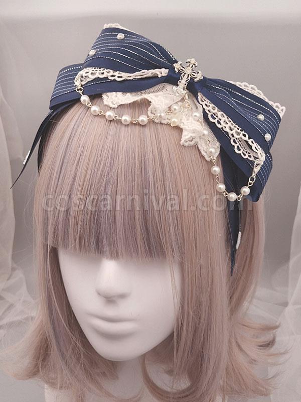 Classic Lolita Headband Metallic Design Lace Pearl Ruffle Bow Lolita Hair Accessory coscarnival