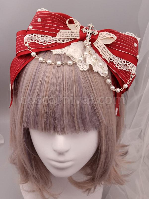 Classic Lolita Headband Metallic Design Lace Pearl Ruffle Bow Lolita Hair Accessory coscarnival
