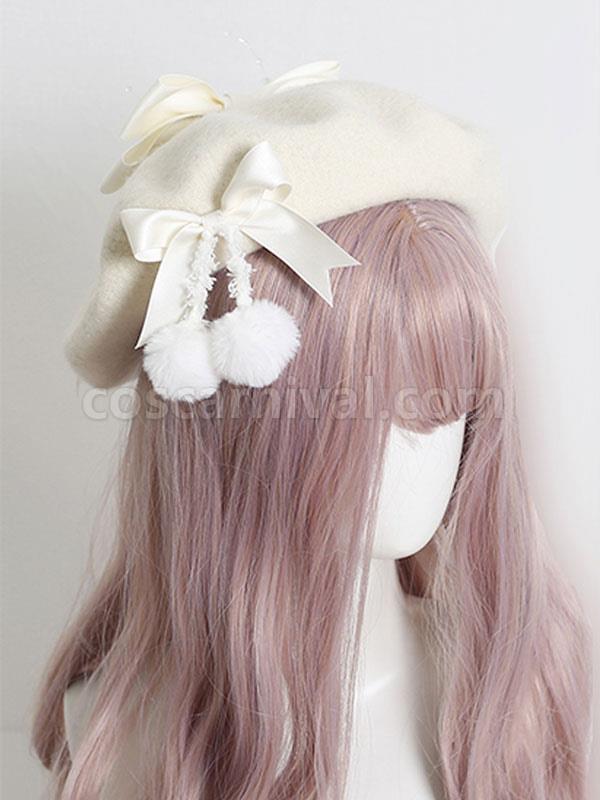 Light Apricot Lolita Hat Bows?Pom Poms Accessory Bow Polyester Lolita Accessories