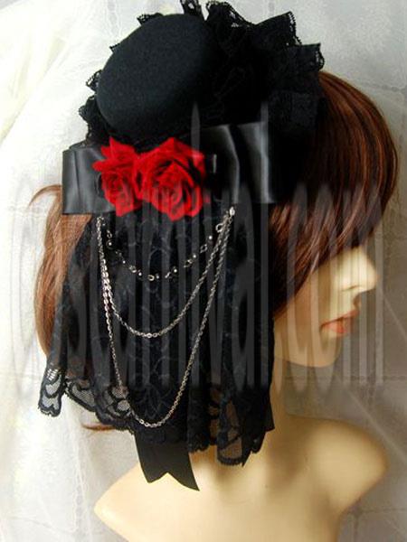 Gothic Lolita Headdress Lace Ruffle Floral Bow Metallic Chain Two Tone Lolita Hair Accessory coscarnival