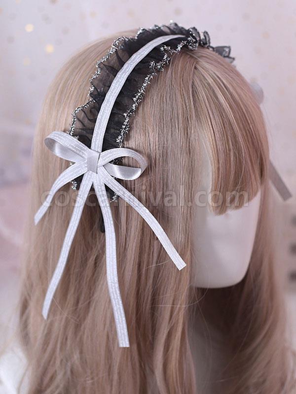Classic Lolita Headdress Ruffle Lace Bow Black Lolita Hair Accessory coscarnival