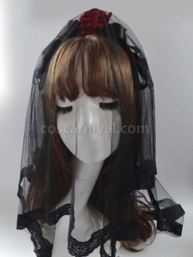 Gothic Lolita Headdress Tulle Lace Flower Black Lolita Veil coscarnival