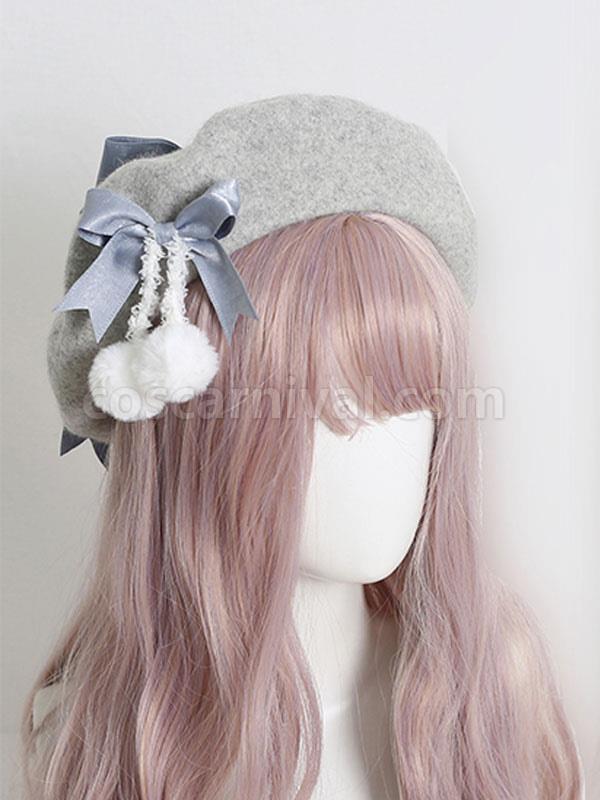 Light Apricot Lolita Hat Bows?Pom Poms Accessory Bow Polyester Lolita Accessories