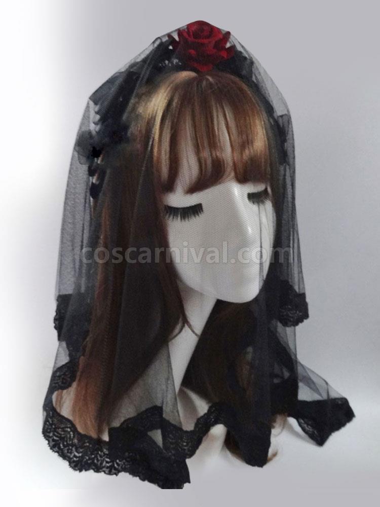 Gothic Lolita Headdress Tulle Lace Flower Black Lolita Veil coscarnival