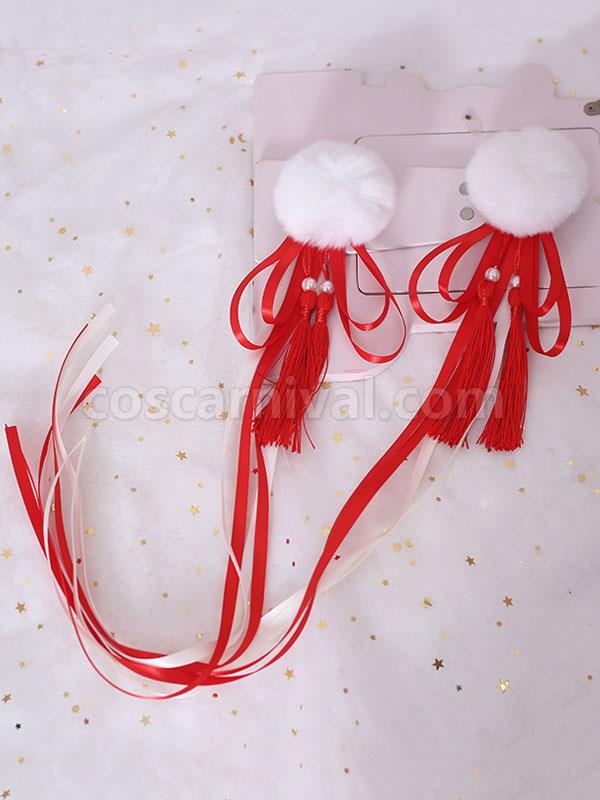 Chinese Style Lolita Hair Pin Pom Pom Tassel Bow Red Lolita Hair Accessory coscarnival