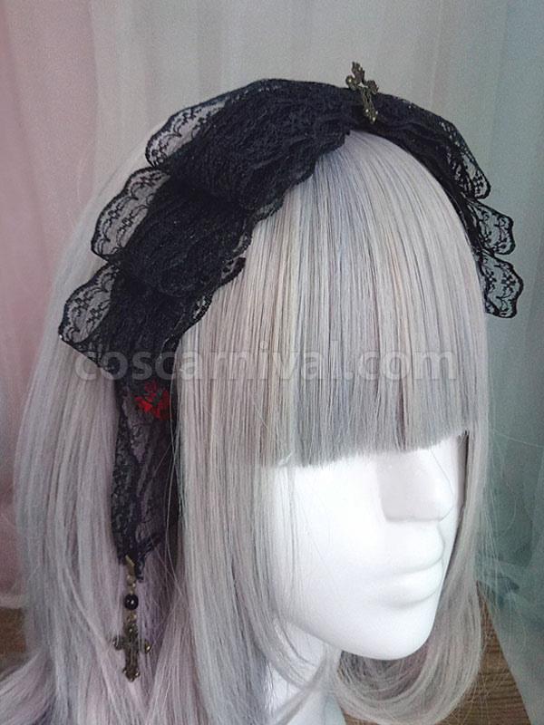 Gothic Lolita Headdress Lace Bow Metallic Design Black Lolita Hair Accessory coscarnival