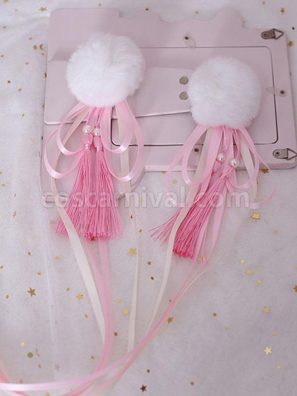 Chinese Style Lolita Hair Pin Pom Pom Tassel Bow Red Lolita Hair Accessory
