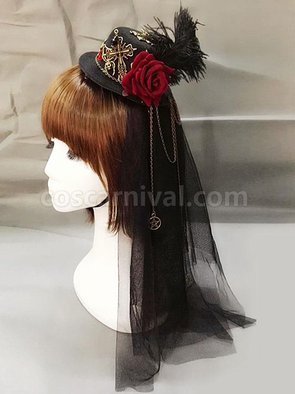 Steampunk Lolita Headdress Feather Floral Hat Metallic Pleated Tulle Black Lolita Veil coscarnival