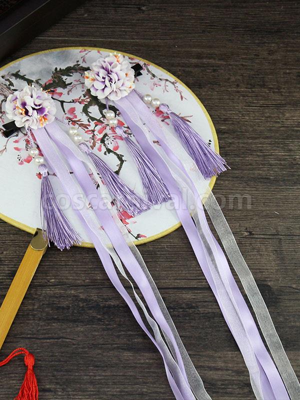 Han Lolita Headdress Chinese Style Fringe Flowers Ribbons Lolita Hair Accessories coscarnival