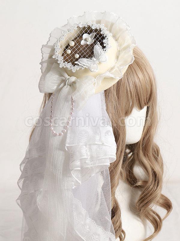 Butterfly Lolita Hat Accessory Polyester Ecru White Lolita Accessories coscarnival