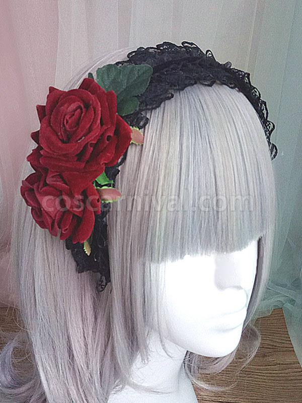 Gothic Lolita Headband Rose Lace Ruffle Black Lolita Headdress coscarnival