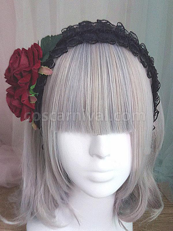 Gothic Lolita Headband Rose Lace Ruffle Black Lolita Headdress