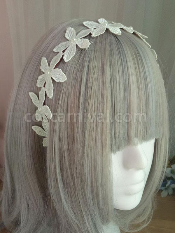Sweet Lolita Headband Floral Pearl Embroidered Ecru White Lolita Hair Accessory coscarnival