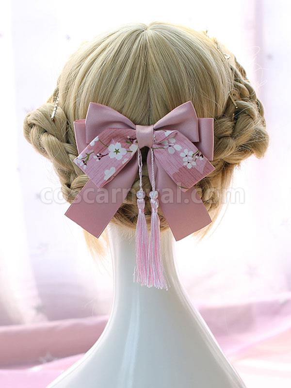 Chinese Style Lolita Headdress Print Tassel Bow Pink Lolita Hair Accessory coscarnival