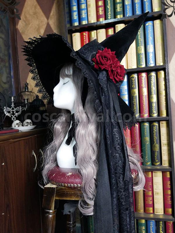 Black Lolita Hat Rose?Bows?Lace Accessory Witch Hat Lace?Bow Polyester Lolita Accessories