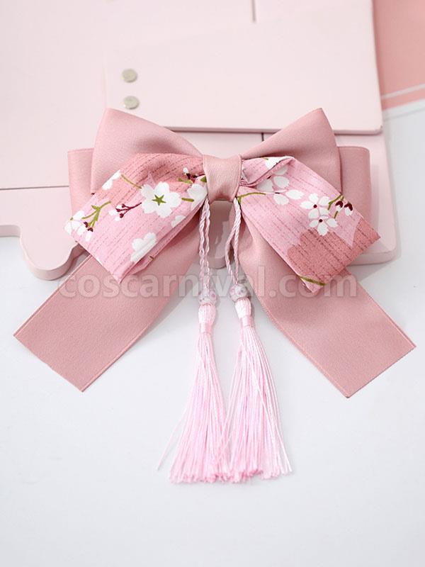 Chinese Style Lolita Headdress Print Tassel Bow Pink Lolita Hair Accessory