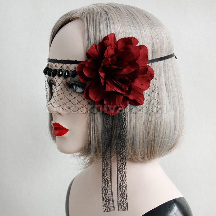 Gothic Lolita Headdress Flower Net Lace Jewel Bead Black Lolita Veil