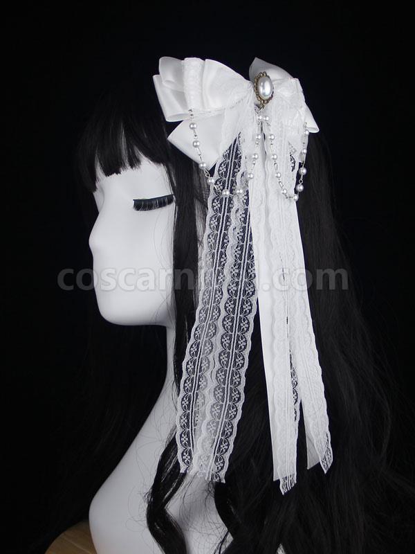 화이트 로리타 헤드 드레스 폴리에스터 리본? 레이스? 진주 보우 액세서리 헤드웨어 로리타 헤어 액세서리 coscarnival