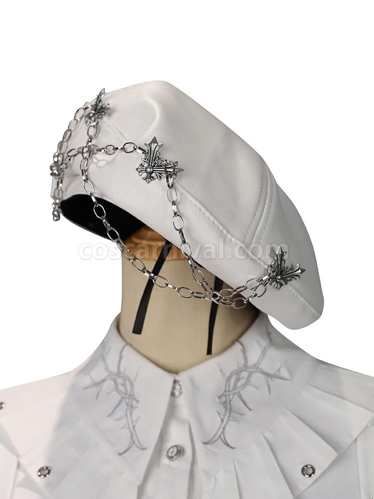 Army Lolita Hat White Fringe Accessory Stars Print PU Leather Lolita Accessories coscarnival