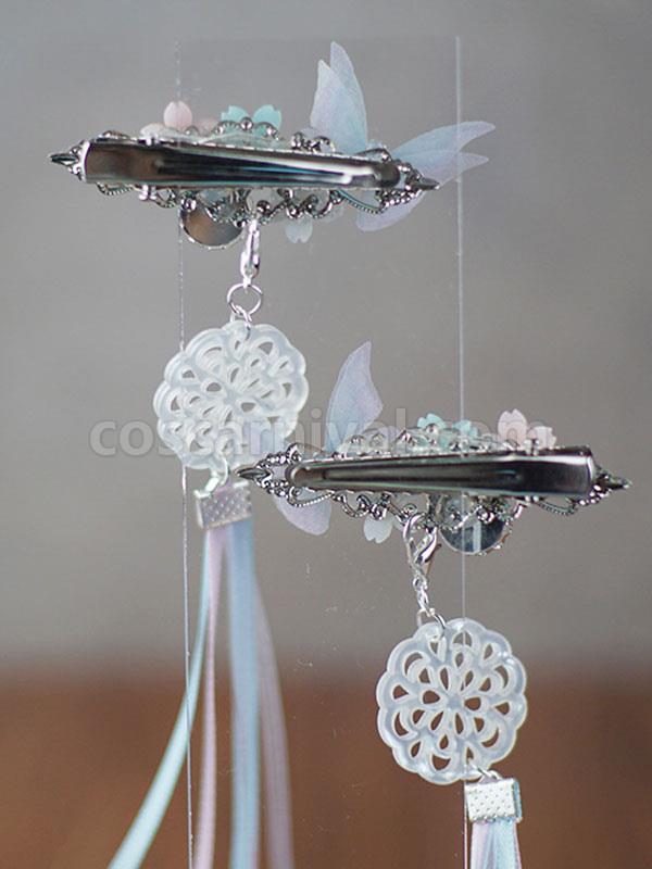 Chinese Style Lolita Hair Pin Blue Butterfly Flowers Ribbons Han Lolita Headwear coscarnival