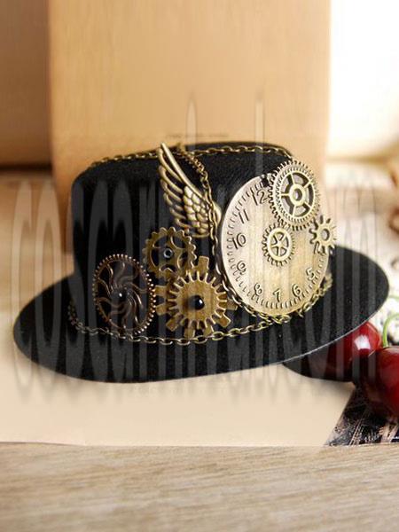 Vintage Lolita Hat Black Steampunk Wing Gear Chains Deco Retro Lolita Cap coscarnival